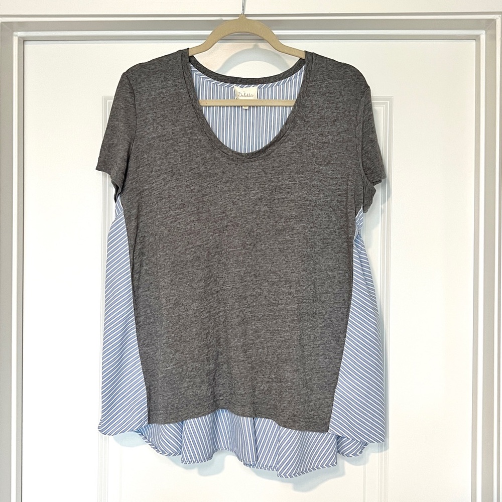 Deletta Anthropologie Women Callisto Swing Top Medium Blue Stripes Gray Babydoll